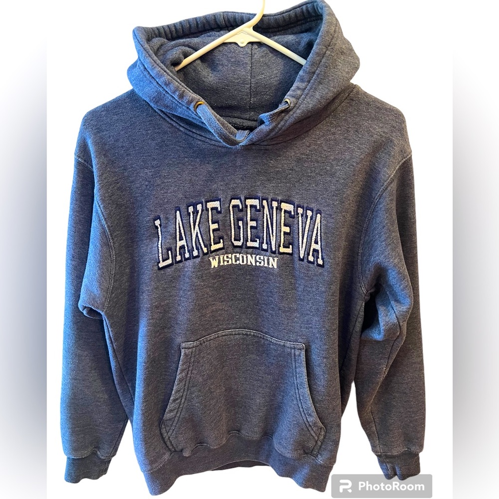 Blue Gray Hoodie with Lake Geneva Wisconsin Embroidered in Silver. Size = Small.